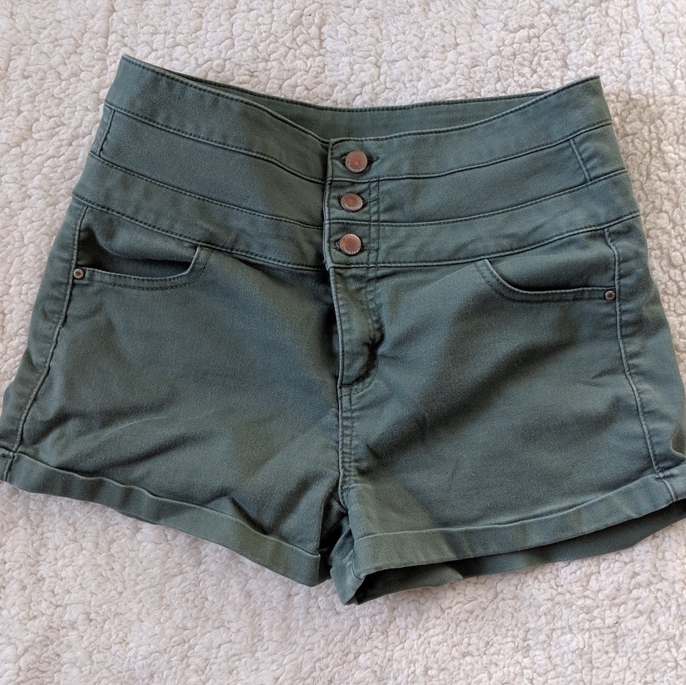 High-Waisted Button-Front Olive Green Shorts